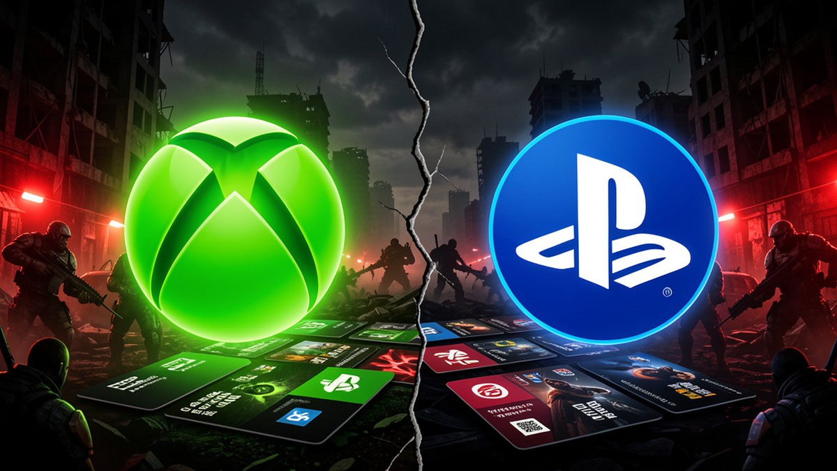 Logo Xbox contro logo PlayStation con atmosfera Gears of War E-Day