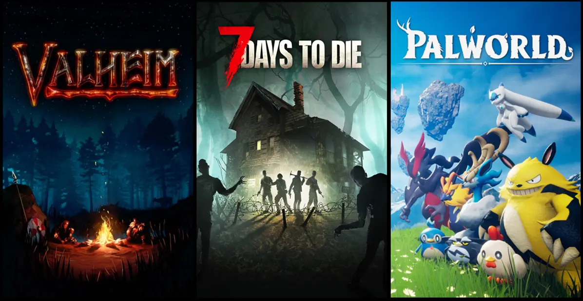 Un collage di giochi di sopravvivenza multiplayer per PC, inclusi Valheim, 7 Days to Die e Palworld