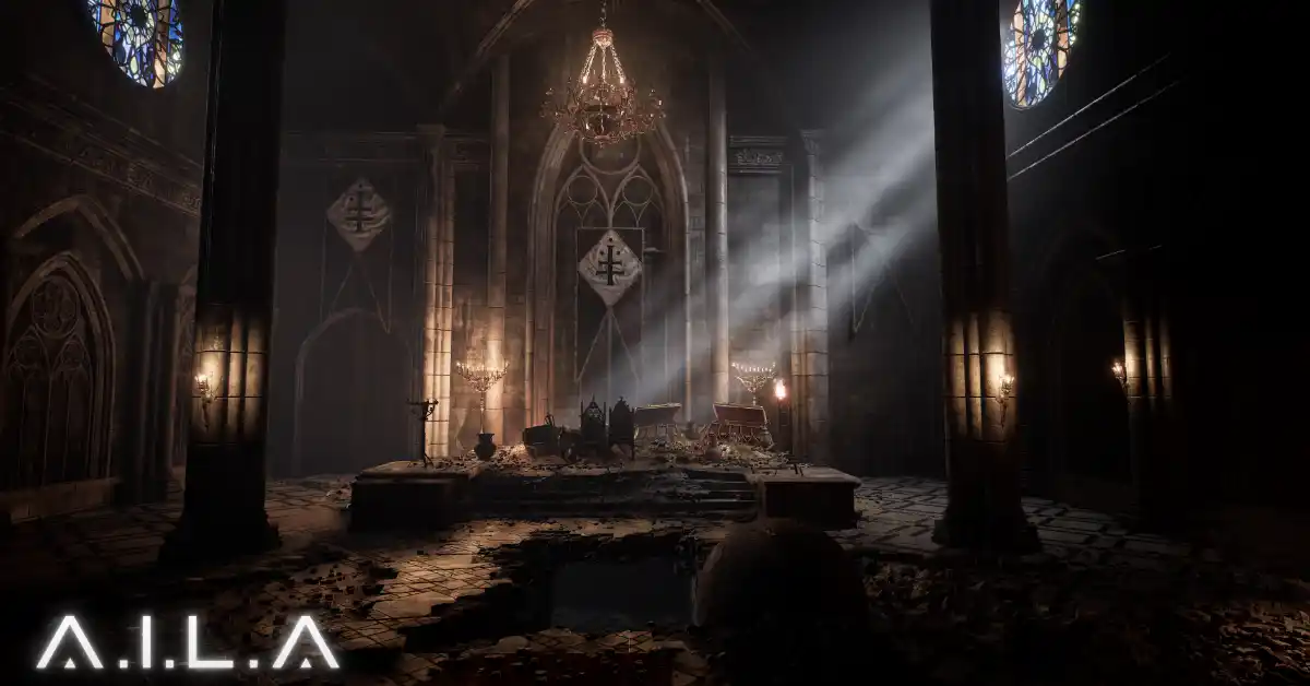 Screenshot di gameplay di A.I.L.A con uno scenario horror medievale creato dall IA