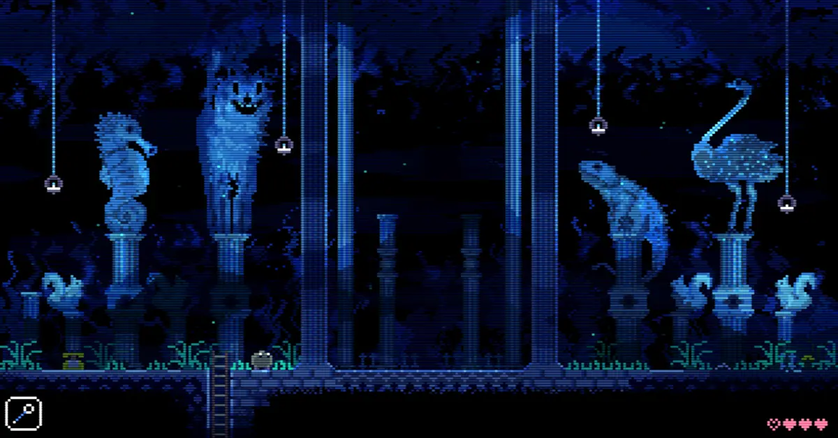Screenshot del gameplay di Animal Well che mostra un oscuro puzzle atmosferico in pixel art