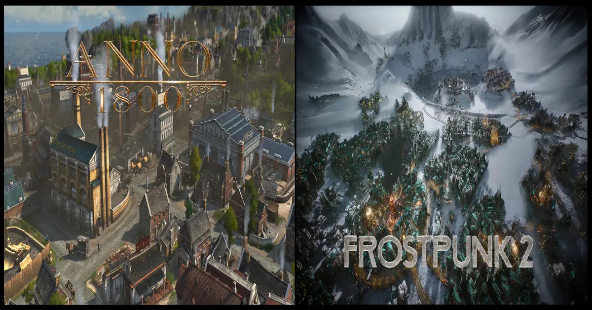 Confronto affiancato di una tentacolare città industriale in Anno 1800 e un avamposto innevato in Frostpunk 2