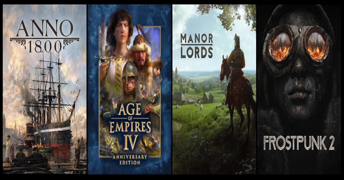 Collage di illustrazioni di Anno 1800, Age of Empires IV, Manor Lords e Frostpunk 2