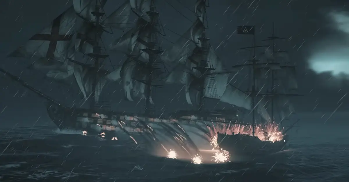 La nave Jackdaw fa fuoco con i cannoni su un galeone britannico durante una tempesta in Black Flag Resynced