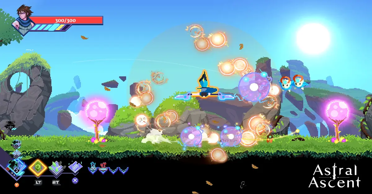 Screenshot di gioco di Astral Ascent che mostra un colorato combattimento contro un boss su una piattaforma 2D