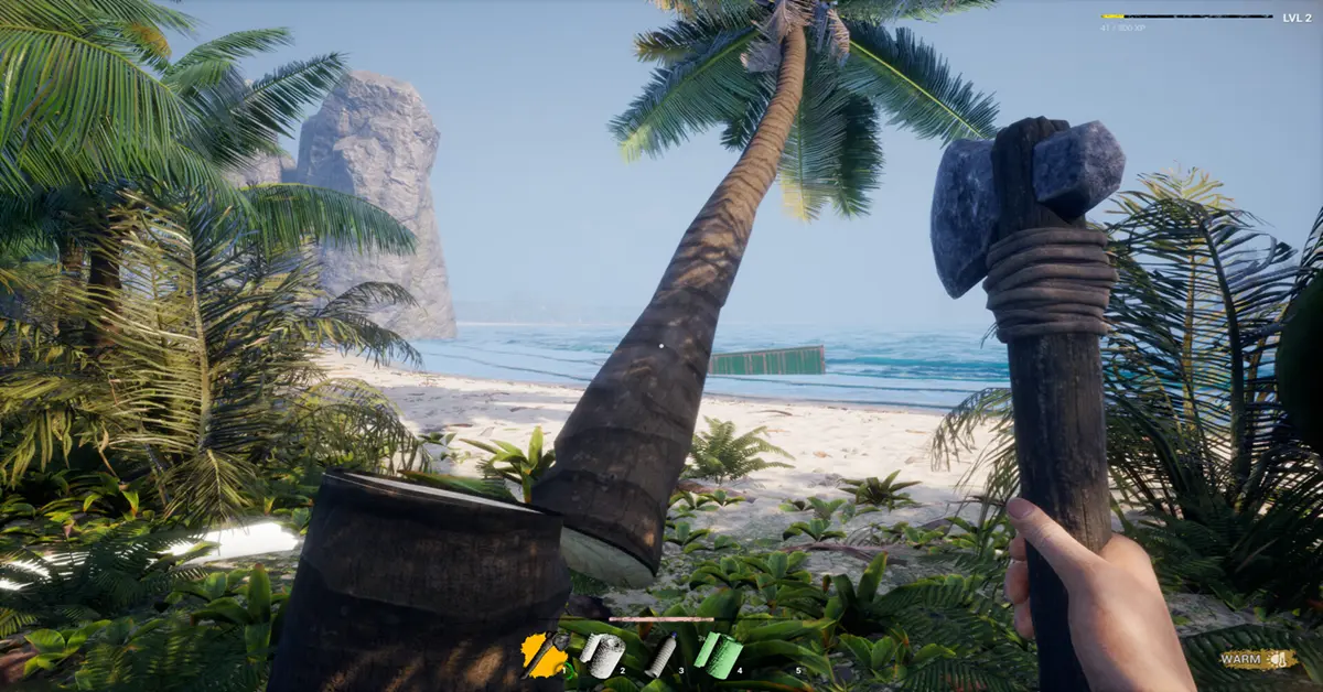 Gameplay survival in Away From Life con un personaggio su una spiaggia tropicale.