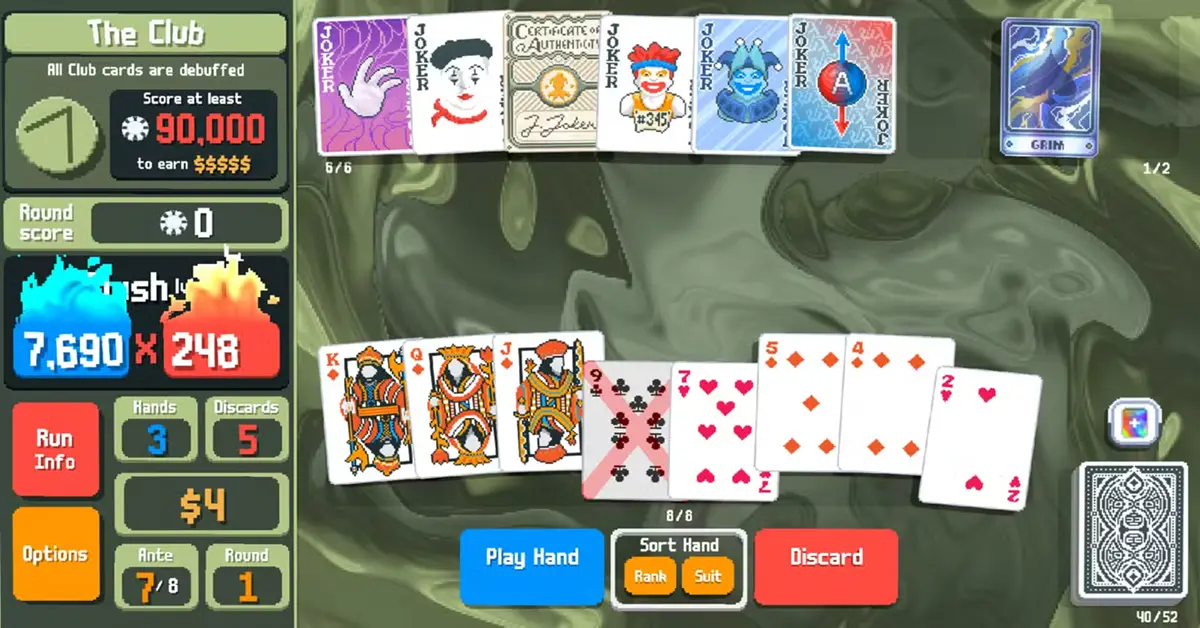 Un layout surreale di una mano di poker con le carte Joker che alterano la realtà, tratte dal gioco Balatro.