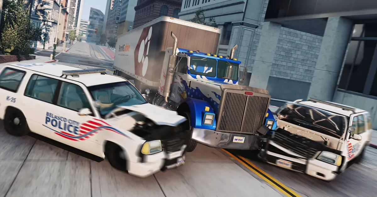 Dimostrazione di collisione di veicoli ad alta velocità in BeamNG.drive che mostra la deformazione della mesh dei corpi morbidi in tempo reale.