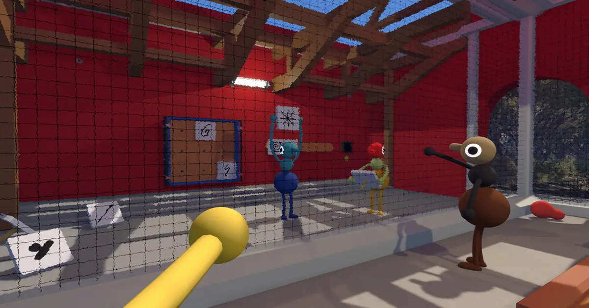 Personaggi di Big Walk in piedi attorno a un meccanismo puzzle centrale