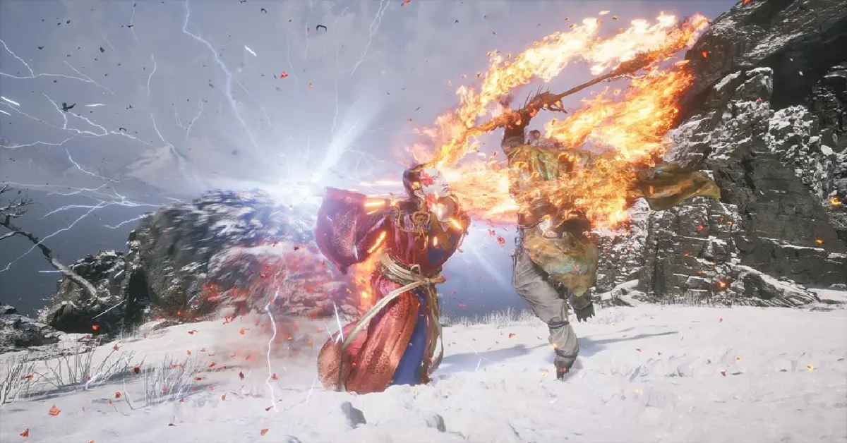 Gameplay di Black Myth Wukong che mostra una trasformazione magica durante un infuocato scontro con un boss