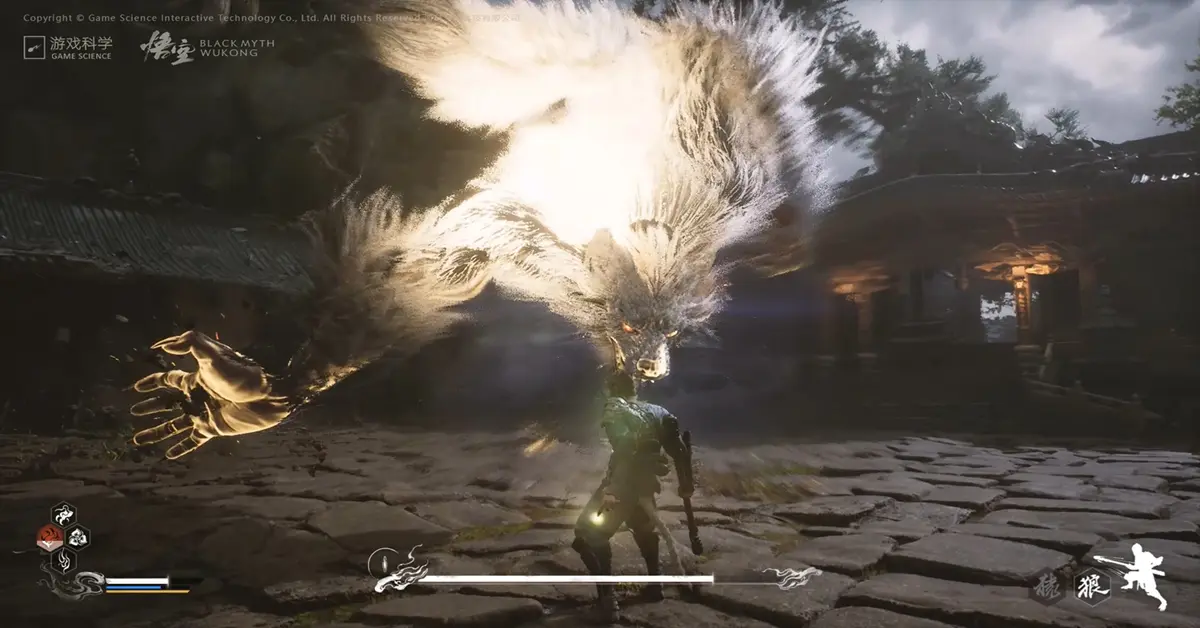 Screenshot di gioco di una scena di battaglia contro un boss in Black Myth Wukong