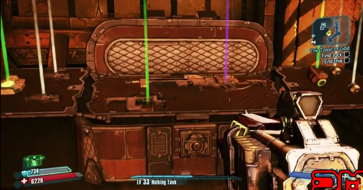 Un personaggio del giocatore saccheggia una cassa di armi luminosa in Borderlands 2.
