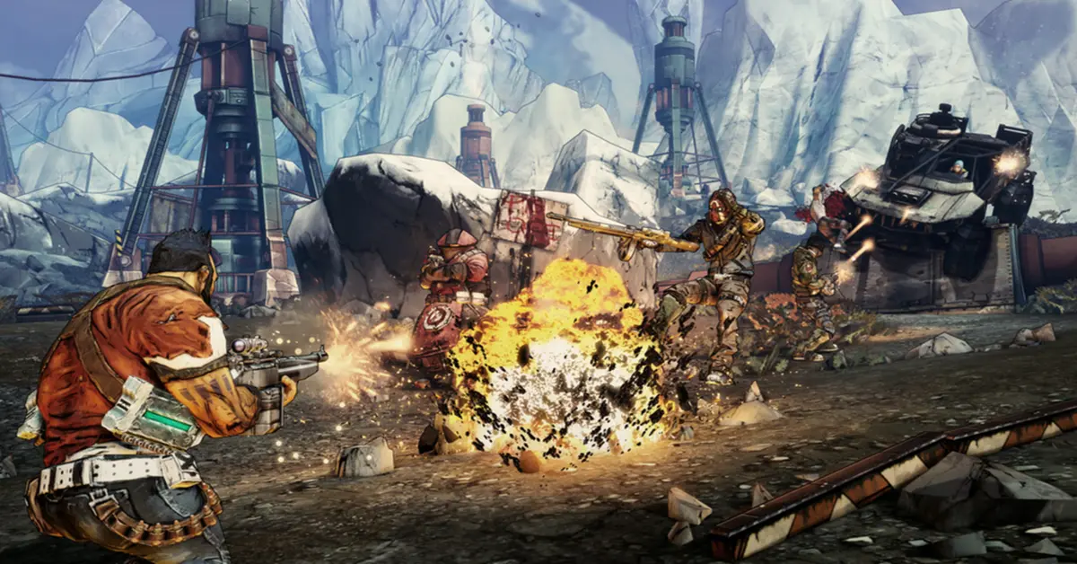 I Cacciatori della Cripta di Borderlands 2 sullo sfondo caotico di Pandora.