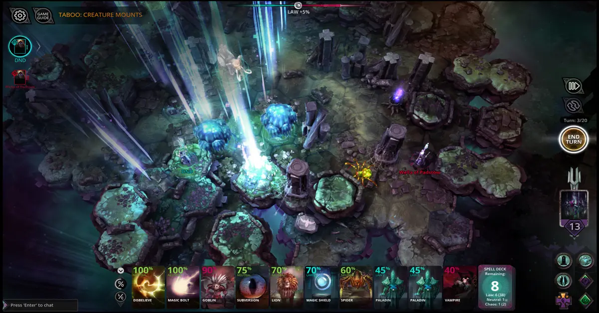 Combattimento su griglia esagonale in Chaos Reborn con creature evocate.