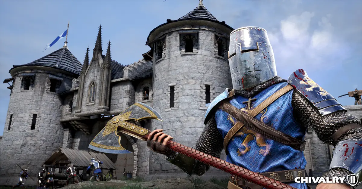 Cavalieri che spingono un ariete verso la porta di un castello in Chivalry 2.