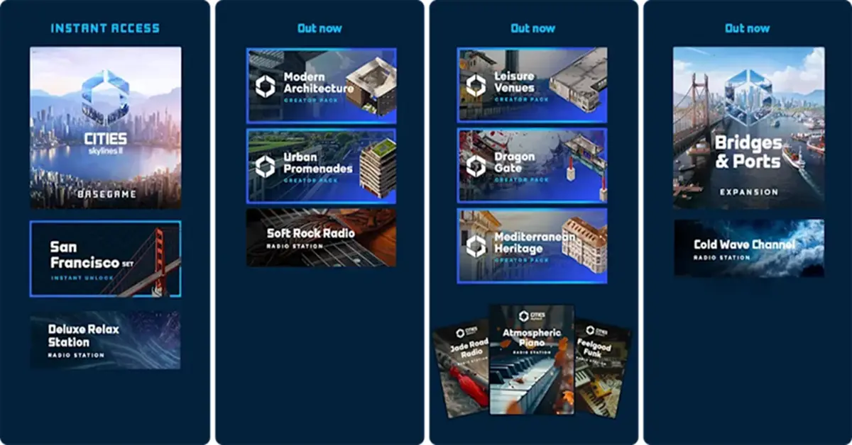 Confronto dei contenuti delle edizioni e della tabella di marcia dei DLC per Cities: Skylines 2.