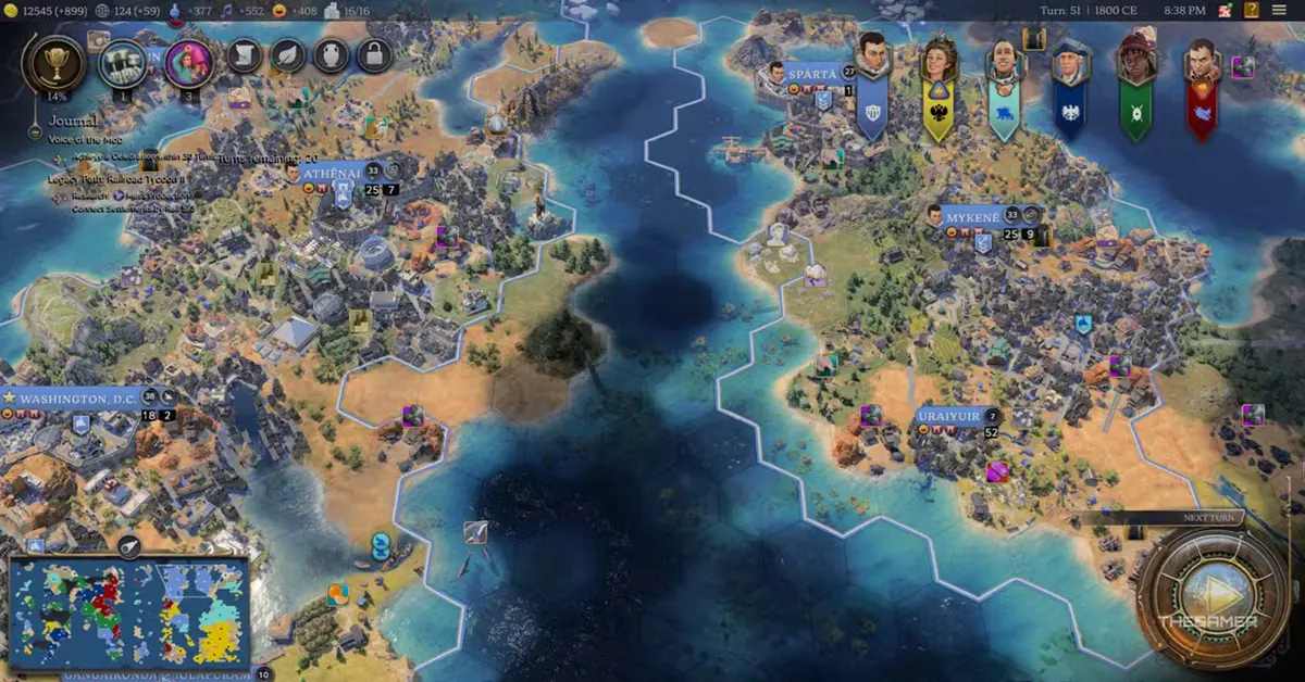 Vista della mappa tattica in Civilization VII che mostra città tentacolari in un continente lussureggiante
