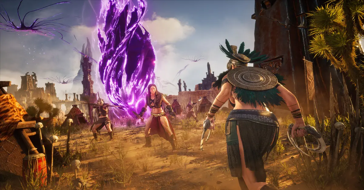 Stregone di Conan Exiles incanala magia oscura contro una grottesca creatura Mi-Go vicino a un varco dimensionale luminescente.