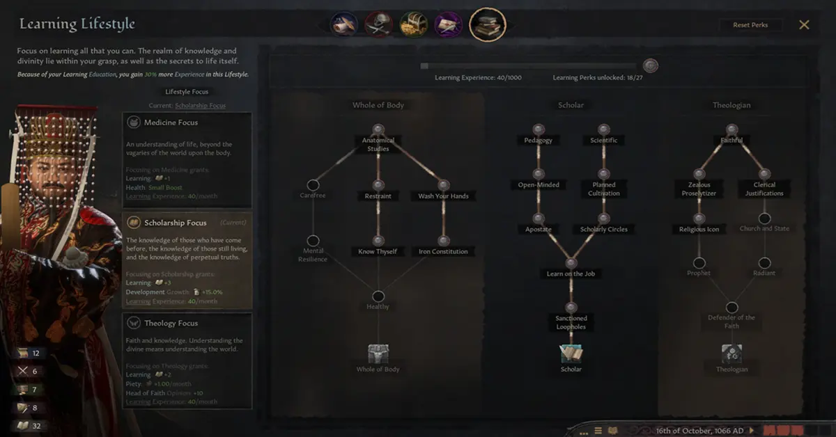 La schermata di gestione delle abilità e dei tratti del personaggio in Crusader Kings III.