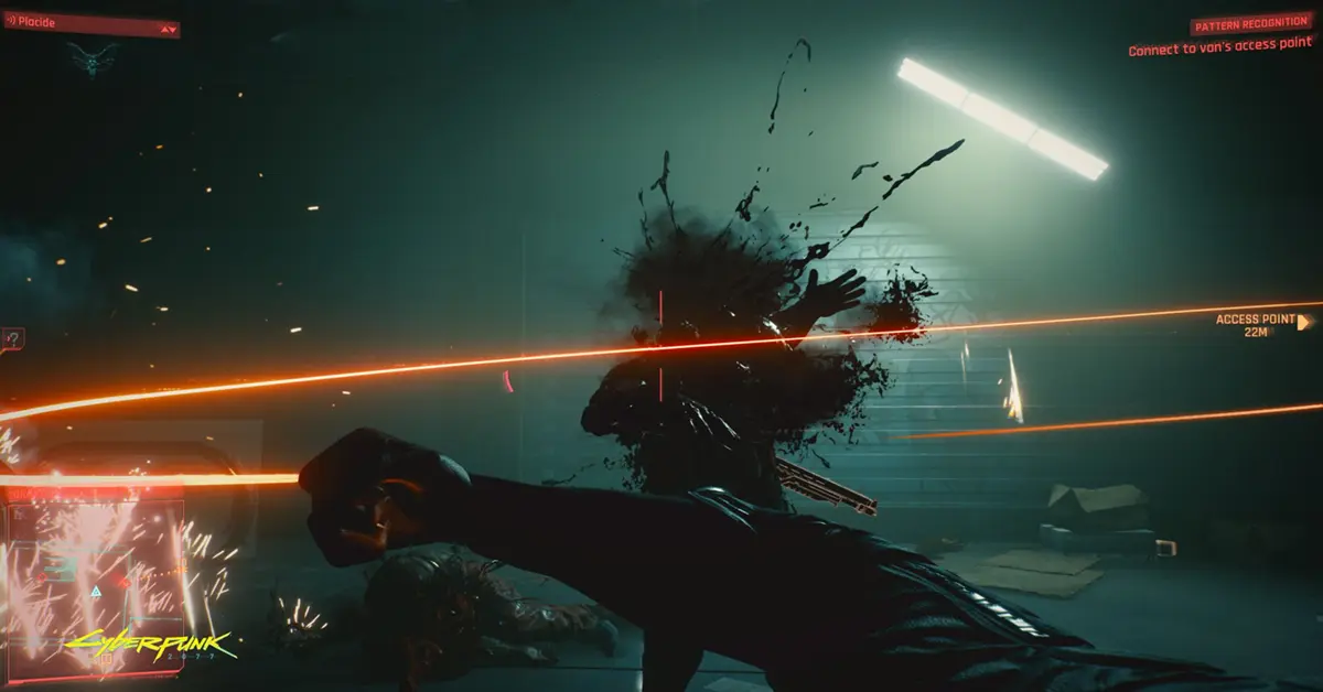 Visuale in prima persona di un combattimento in Cyberpunk 2077 con abilità cibernetiche.