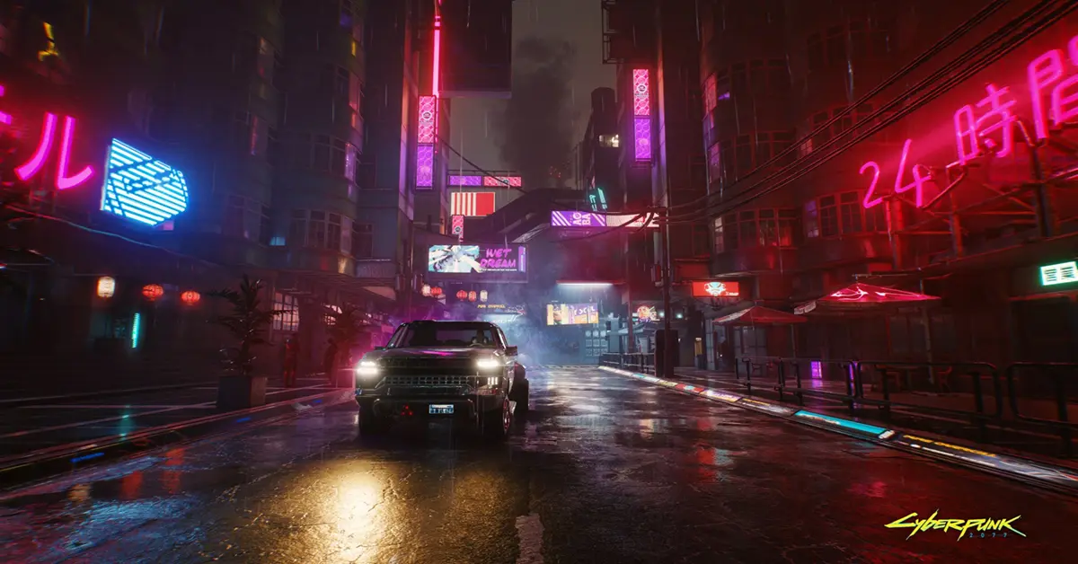 Night City illuminata dai lampioni al neon in Cyberpunk 2077