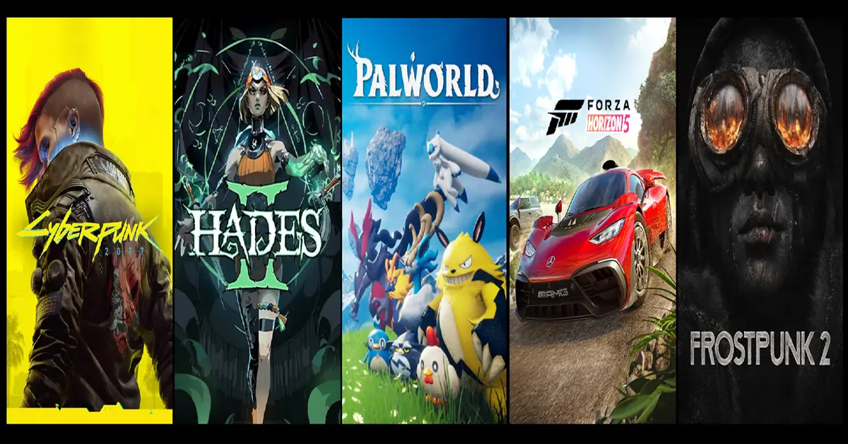 Schermo diviso che mostra Cyberpunk 2077, Hades 2, Palworld, Forza Horizon 5 e Frostpunk 2