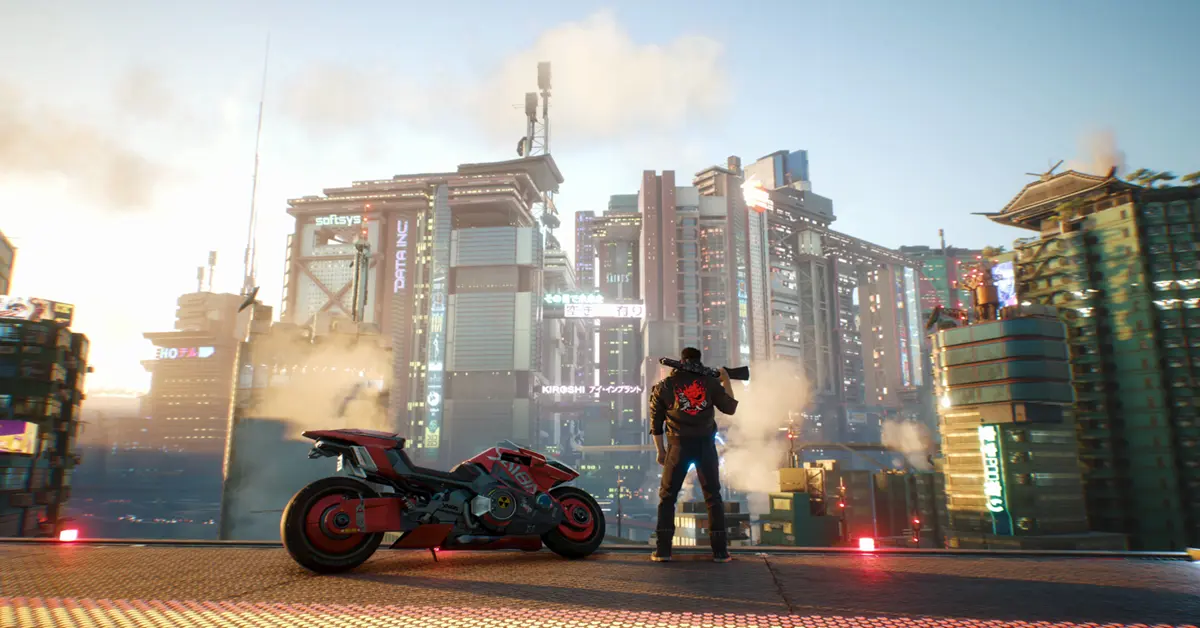 V osserva lo skyline illuminato dai neon di Night City in Cyberpunk 2077