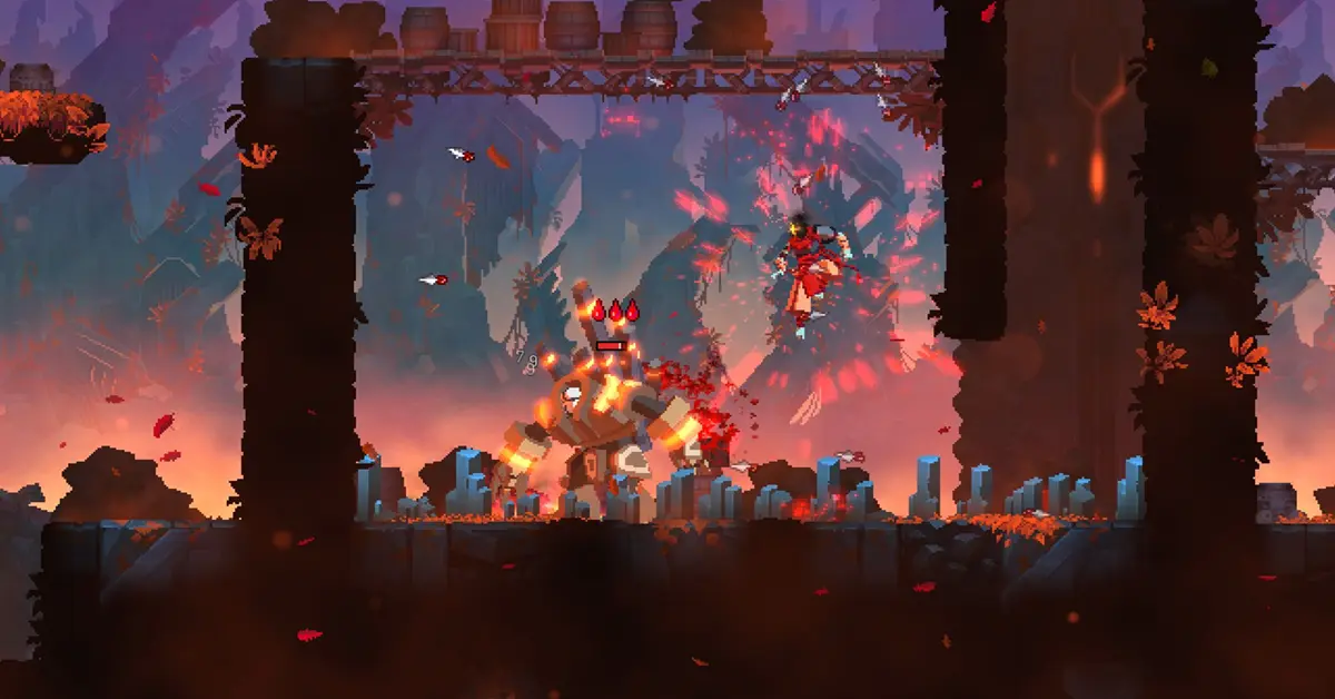 Il protagonista decapitato di Dead Cells che esegue un attacco in picchiata contro più nemici in un oscuro dungeon in stile pixel art.
