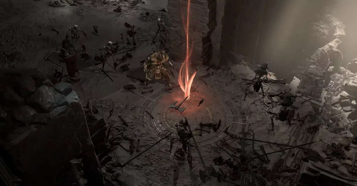 Gameplay di Diablo IV che mostra un Barbaro combattere demoni in un dungeon.