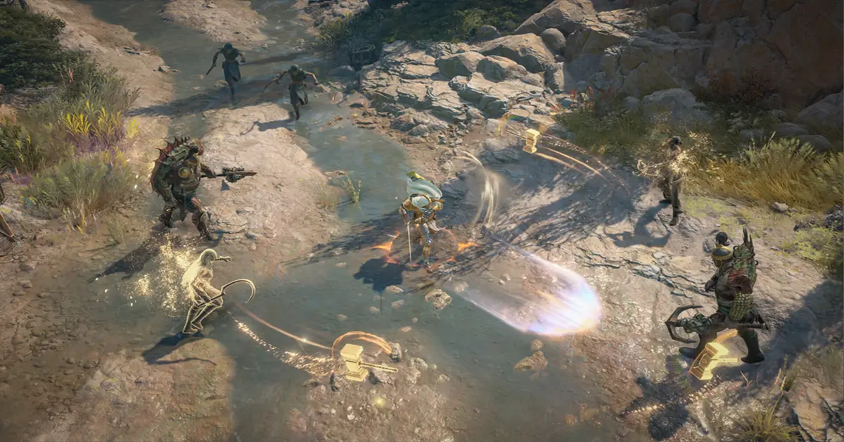 Screenshot di gioco che mostra un personaggio Paladino armato di spada e scudo rosso fuoco contro uno sfondo scuro in Diablo IV