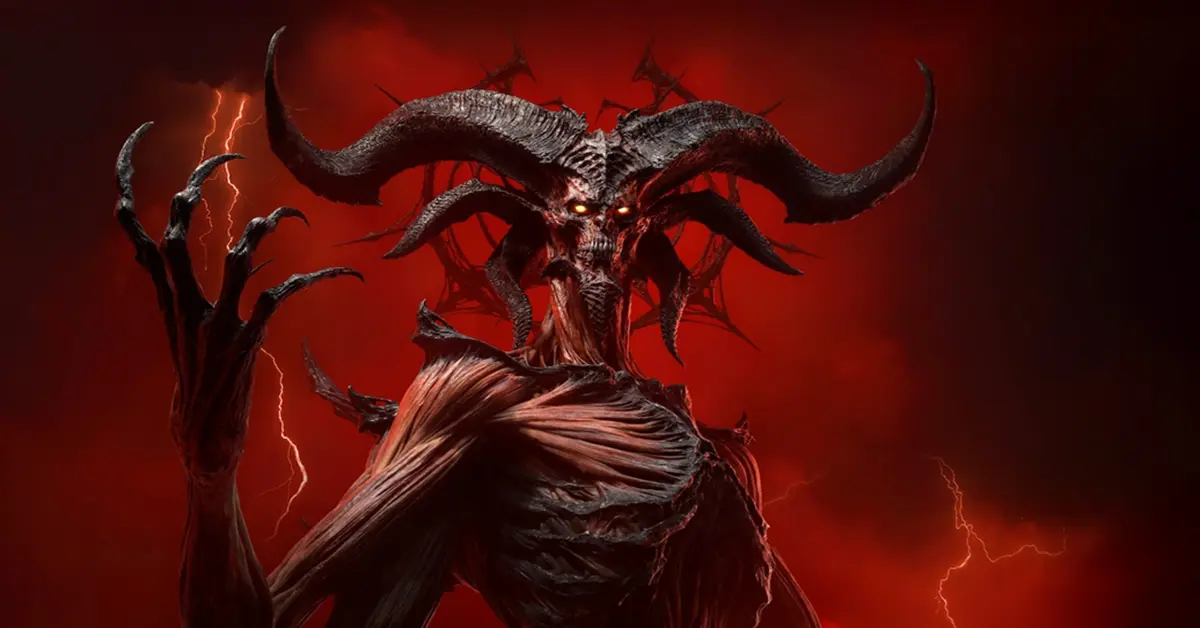 Art ufficiale di Diablo IV Lord of Hatred con una figura demoniaca corrotta su uno sfondo rosso intenso