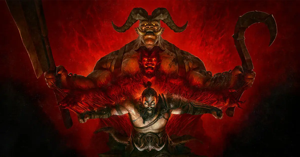 Schermata di selezione dei personaggi della cinematica di Diablo IV con un paesaggio infernale infuocato ed eroi stagionali