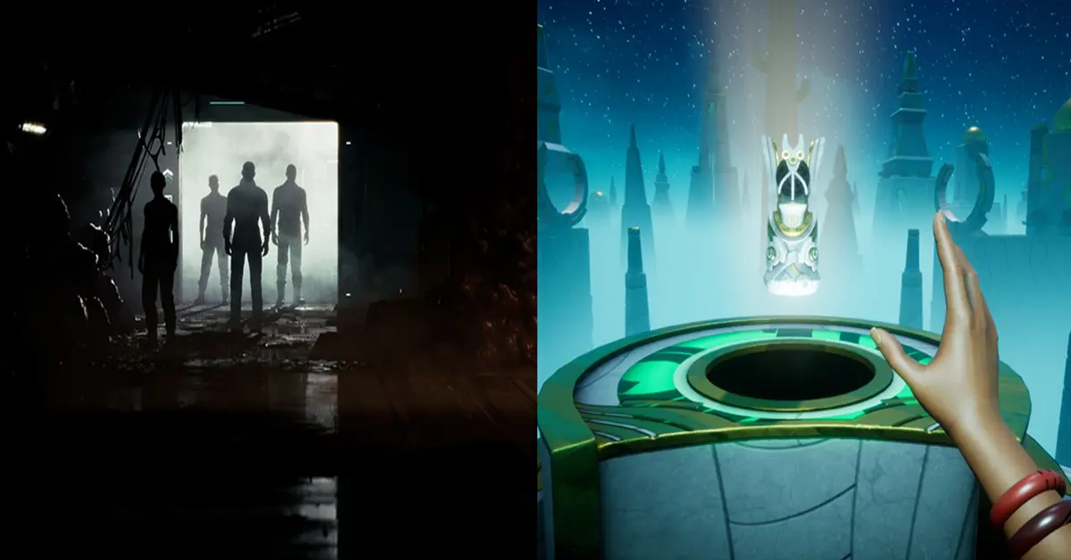 Ambienti di gioco che confrontano gli oscuri corridoi di Directive 8020 con le vivaci stanze degli enigmi di Call of the Elder Gods