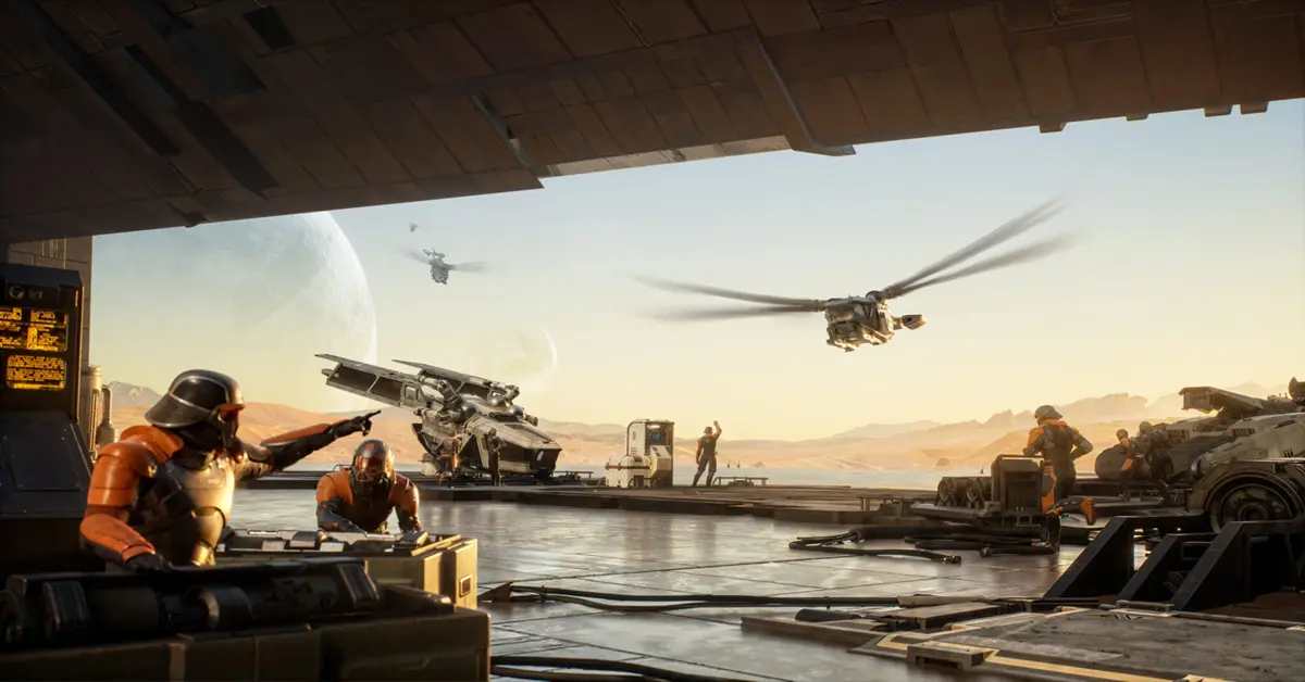 Uno squadrone di ornitotteri in volo sopra una base di giocatori pesantemente fortificata nel deserto.