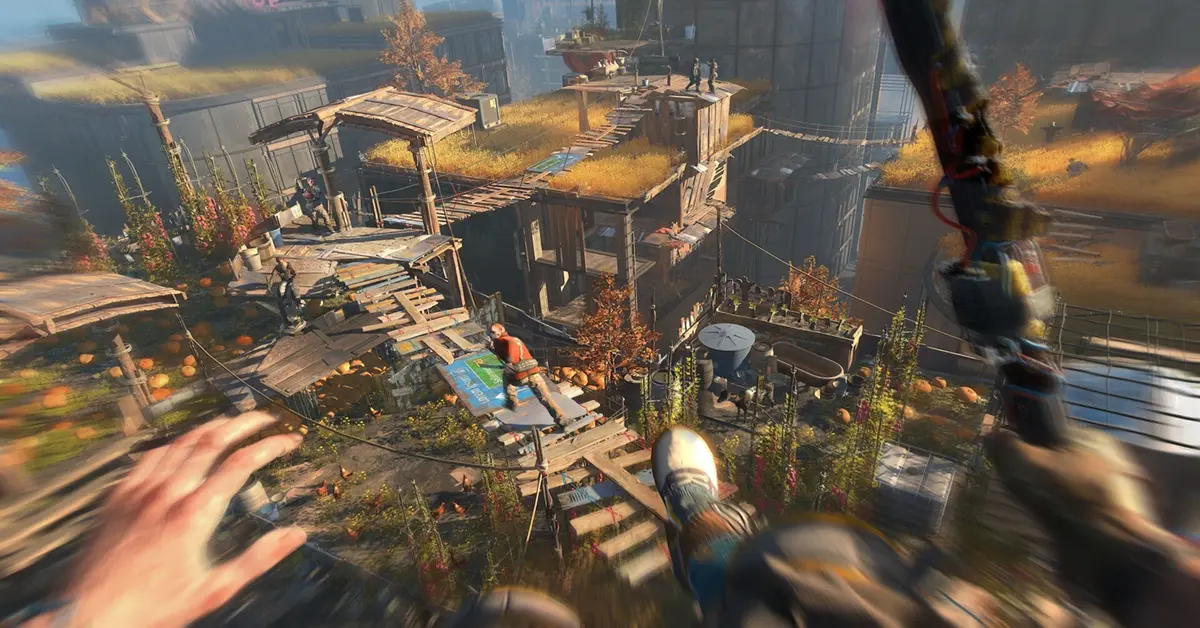 Un sopravvissuto solitario che osserva un paesaggio urbano in rovina e invaso dalla vegetazione al tramonto in Dying Light 2.