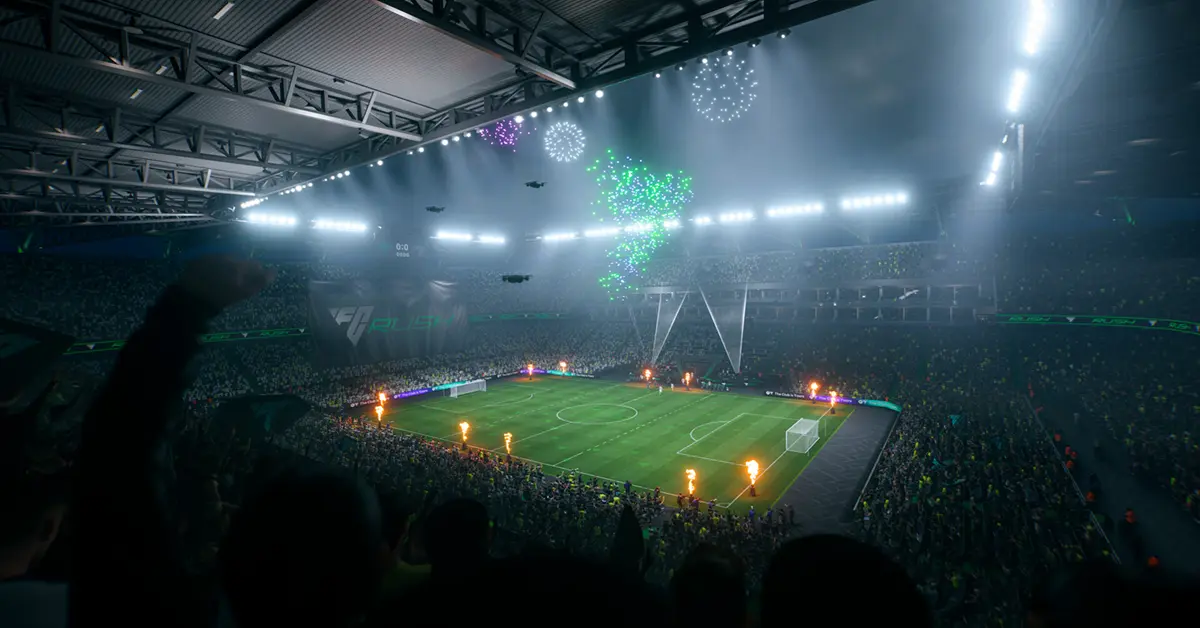 Gameplay di EA Sports FC 26 che mostra una partita in uno stadio durante lo sprint finale della stagione.