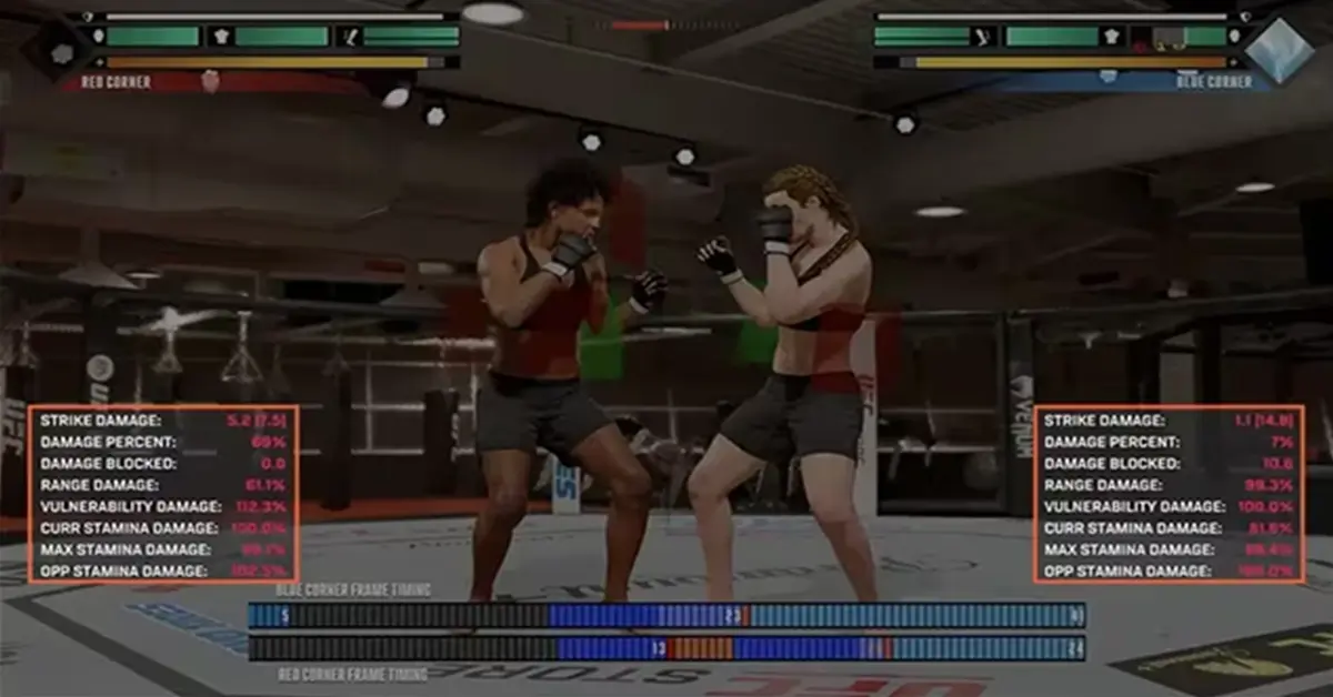Schermata di gioco di un combattente di UFC 6 che mostra le metriche delle prestazioni