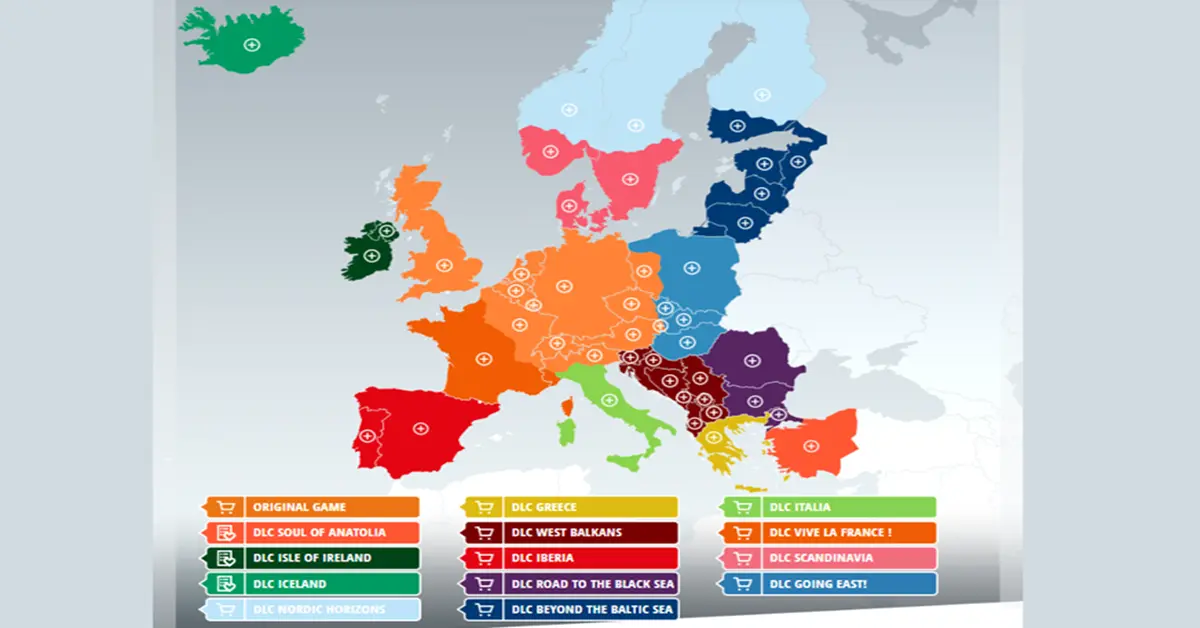 Interfaccia della mappa che mostra i territori europei espansi in Euro Truck Simulator 2