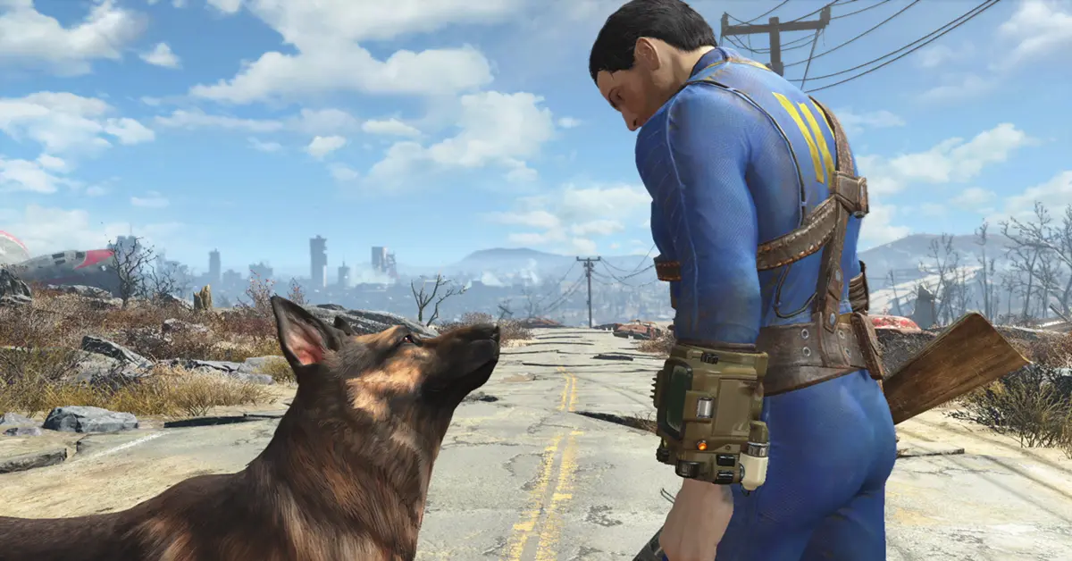 Screenshot ad alta risoluzione del Sopravvissuto Solitario che osserva le rovine post-apocalittiche di Boston in Fallout 4.