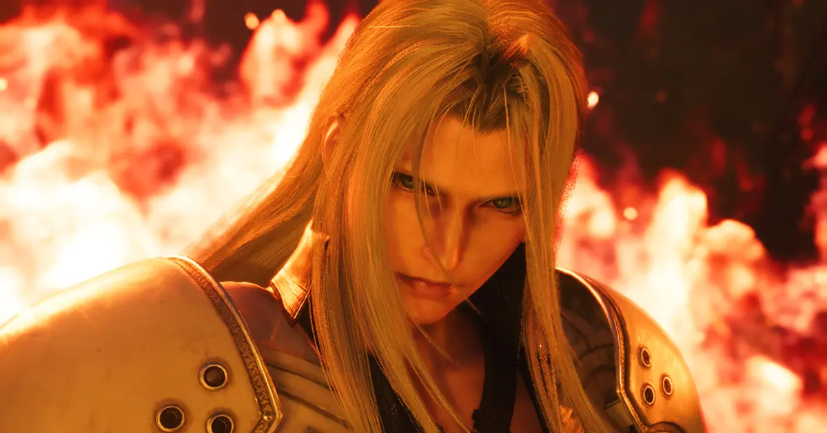 Sephiroth in piedi tra le fiamme in una sequenza di flashback.