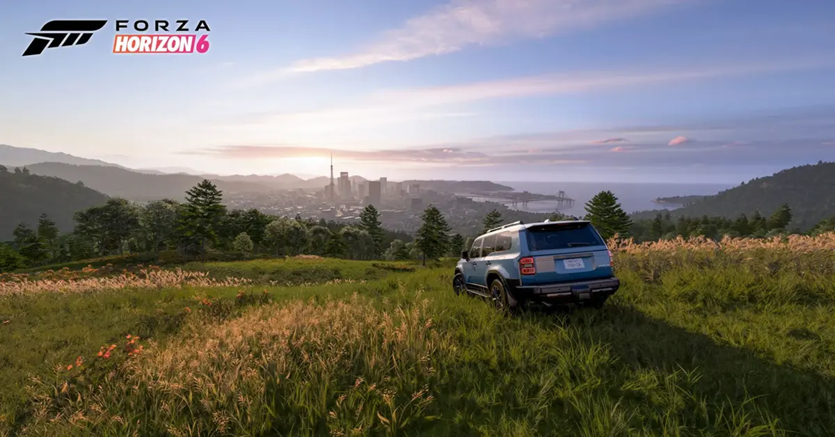 Una vista panoramica di tornanti di montagna fuori Tokyo in Forza Horizon 6 durante il crepuscolo.