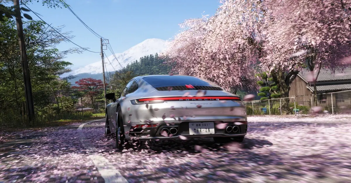 Screenshot in-game Forza Horizon 6 strada con fiori di ciliegio in Giappone