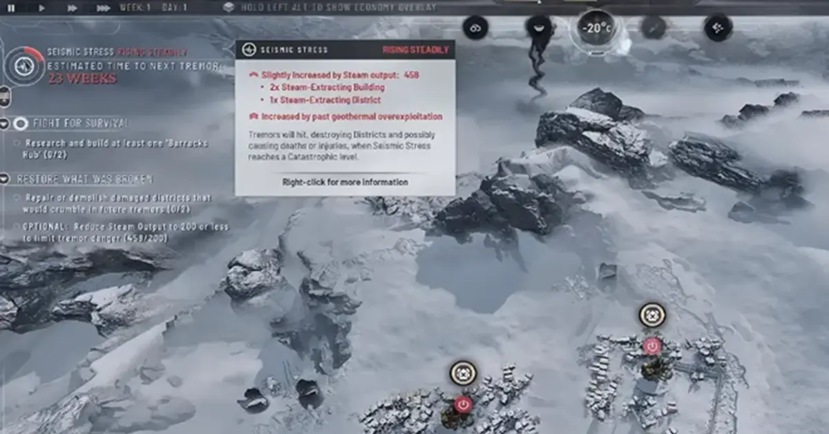 Interfaccia del distretto di New Edinburgh in Frostpunk 2 che mostra i monitor della pressione geotermica