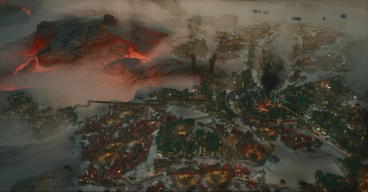 Panoramica della nuova città vulcanica in Frostpunk 2 Breach of Trust