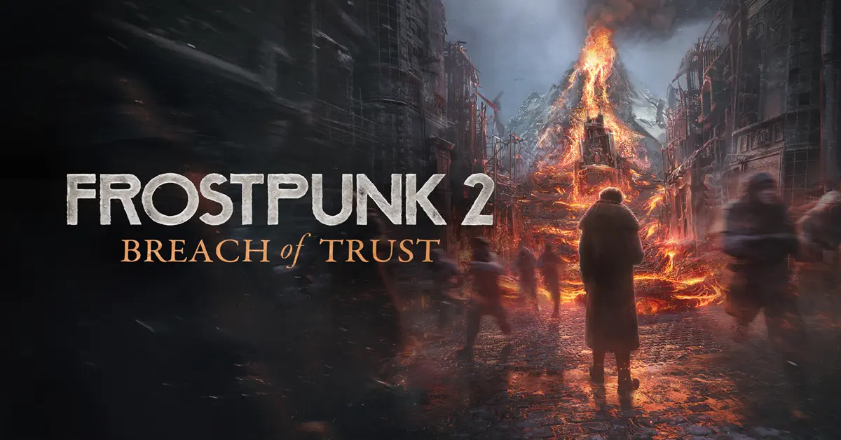 Immagine di copertina di Frostpunk 2 Breach of Trust che mostra una New Edinburgh ghiacciata e fumo vulcanico