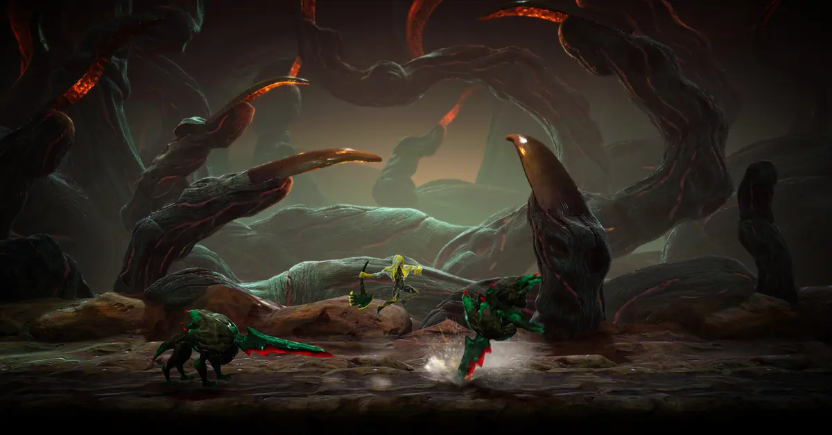Screenshot di gameplay di Grime II che mostra il personaggio del giocatore evocare uno stampo di pietra per attaccare un boss.