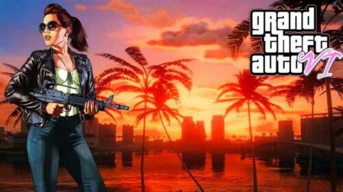 Ragazza armata di GTA VI al tramonto tra le palme