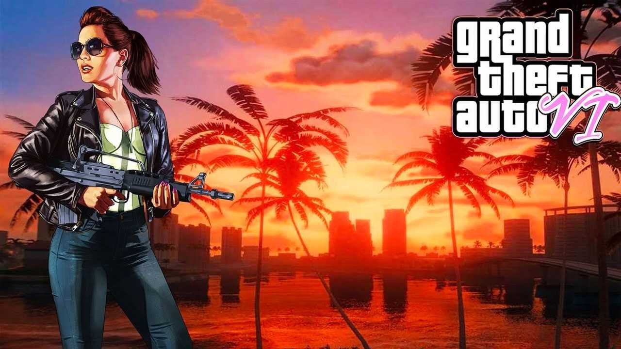 Ragazza armata di GTA VI tra le palme al tramonto