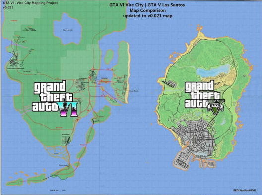 Dimensione della mappa ricreata di GTA VI vs GTA V