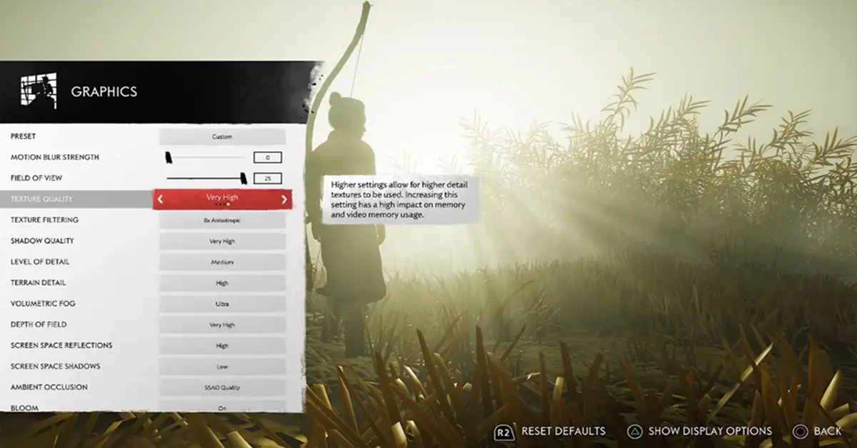 Menu delle impostazioni PC di Ghost of Tsushima che mostra le opzioni grafiche e di performance.