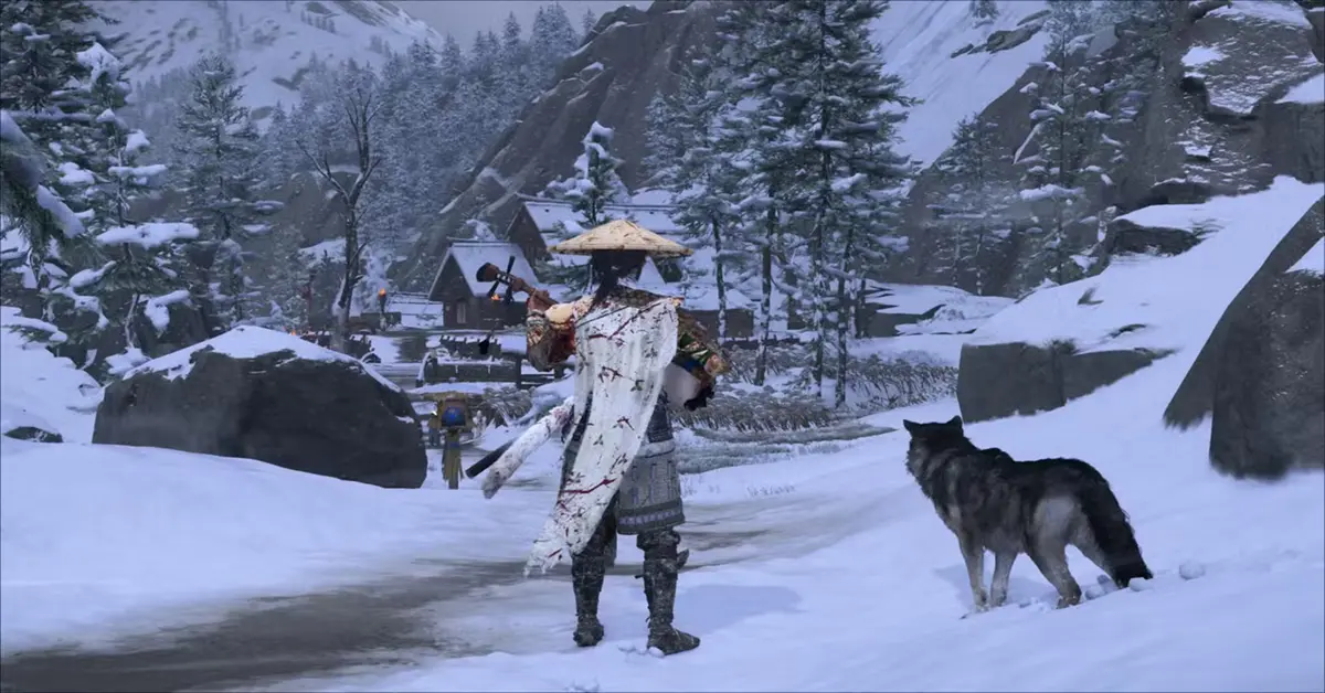 Atsu che cammina nella neve con un lupo compagno nel gameplay di Ghost of Yōtei